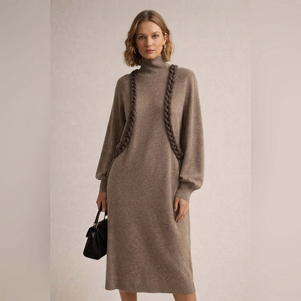 25 Janvier Paris Women's‎ 100% Cashmere Midi Sweater Dress Rope Detailing